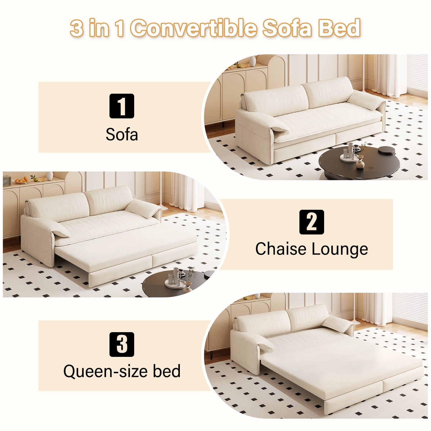 66" Queen Pull Out Sofa Bed, 3-in-1 Convertible Sleeper Sofa with Side Storage,Multi-Functional Velvet Loveseat Bed for Living Room(Old Sku:W1885S00043/W1885S00113/W1885S00186/W1885S00221) image 9