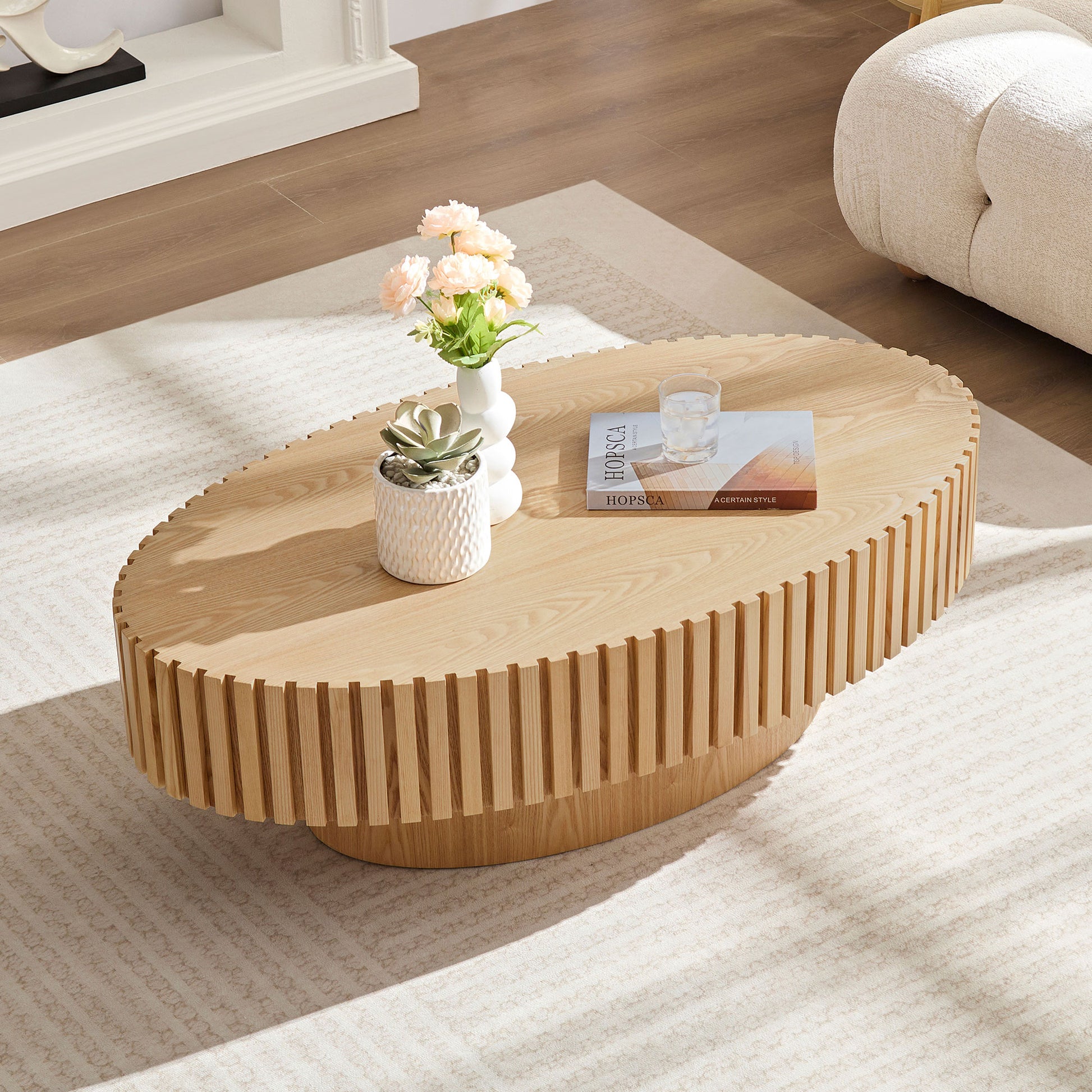 Modern Handcraft Drum Coffee Table Length 43.7 inch Ellipse Coffee Table for Living Room,Oval Small Coffee Table with Sturdy Pedestal,Natural Ash MDF,W2582P251207 image 4