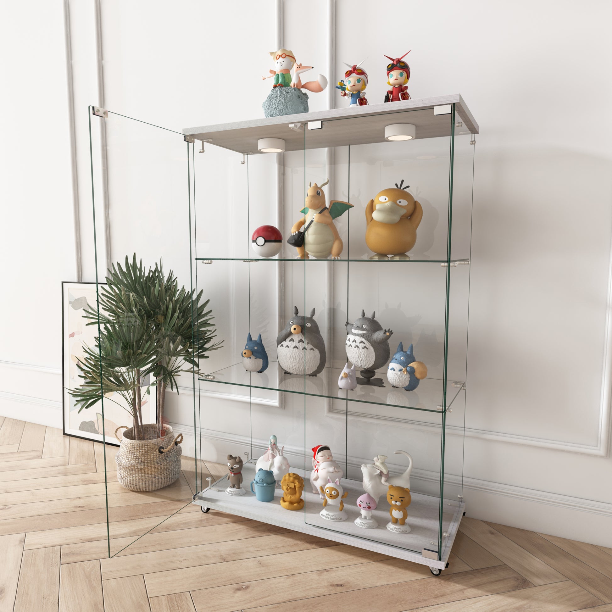 Modern Glass Display Cabinet with LED lights, Quick-assembly Antique Cabinet, Tempered Glass Bookshelf, Suitable for Living Room and Bedrooms, 2-door 3-shelf, Transparent+White (Old Sku:W241P242928) image 6