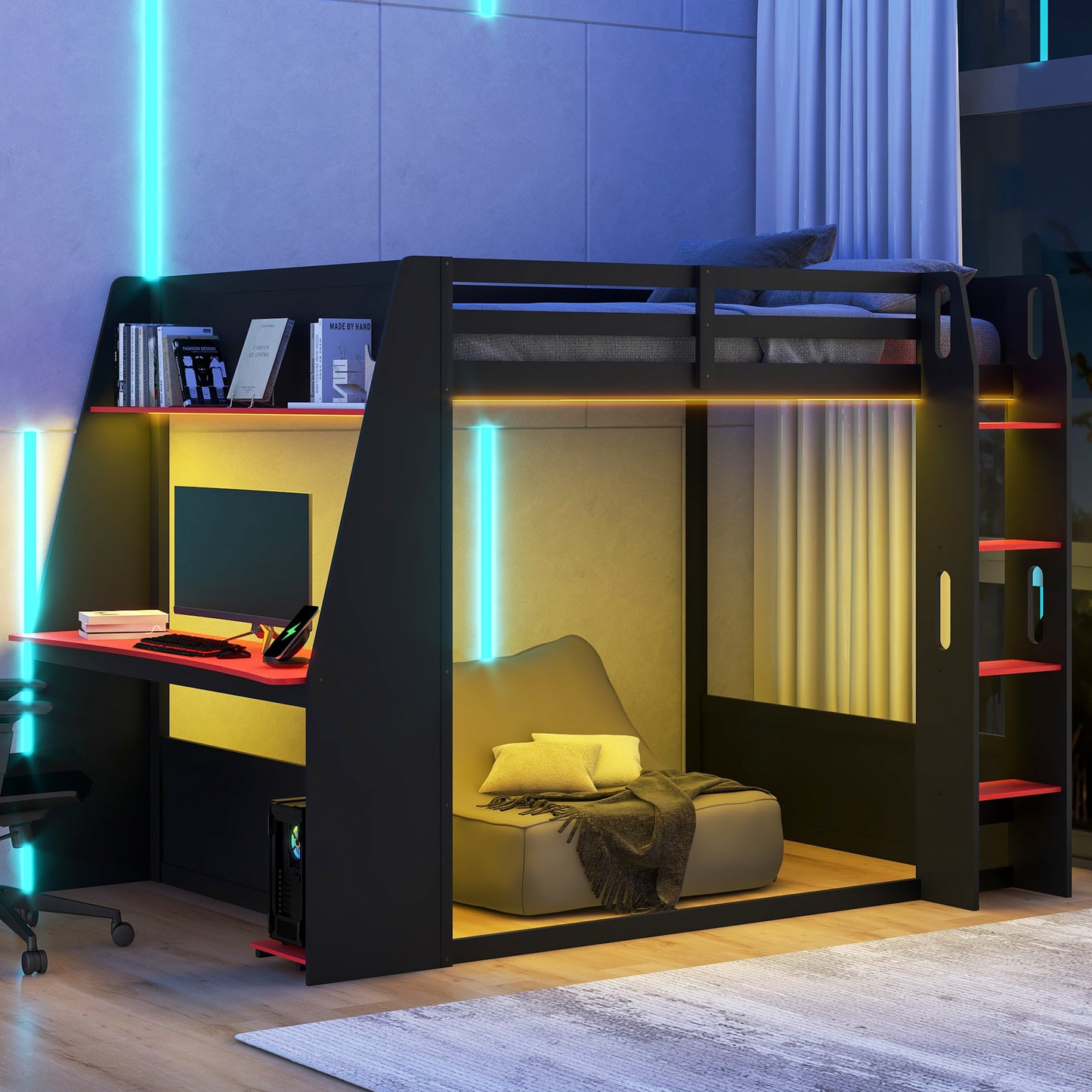Full Size Wooden Gaming Bunk Bed with Desk,Two Storage Shelves,USB and LED Light image 1
