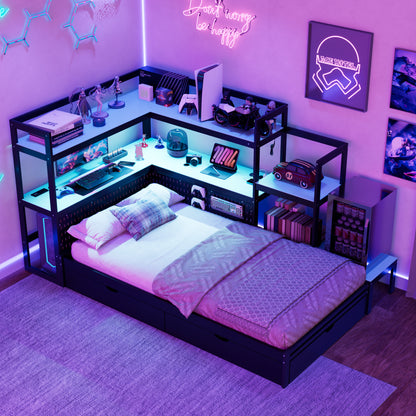 Twin Size Gaming Daybed with Integrated Desk and LED Light, Modern Wooden Bed Frame with 3 Storage Drawers and Built-in Charging Station, Multi-Functional Headboard Bookcase, Black+Blue image 6
