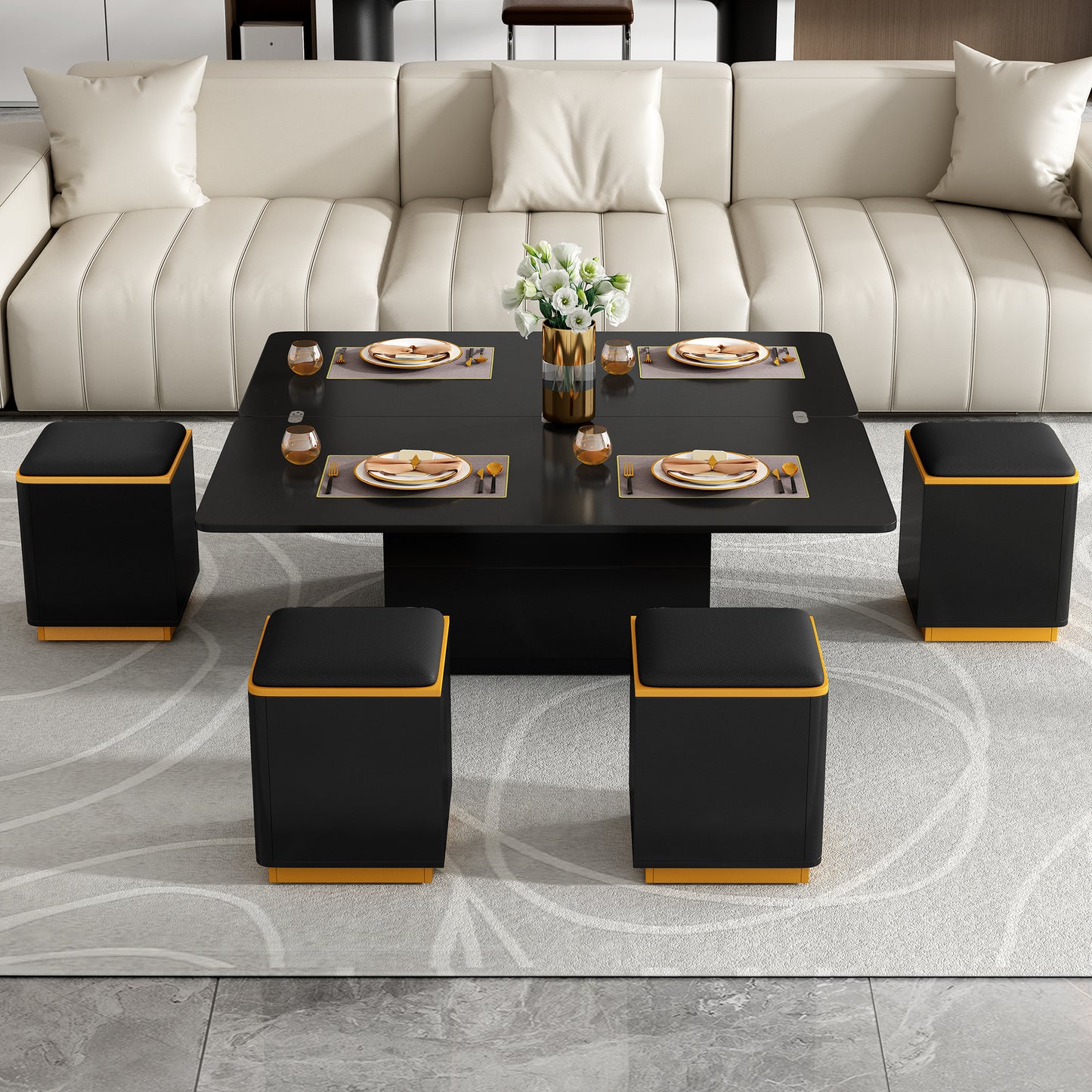 [Video Provided]VIBE HAUS Lift-Top Coffee Table with Storage Stools, Modern Center Table with Foldable Top, Multi-Functional Adjustable Coffee Table for Living Room(OLD SKU:N724P292506B) image 2