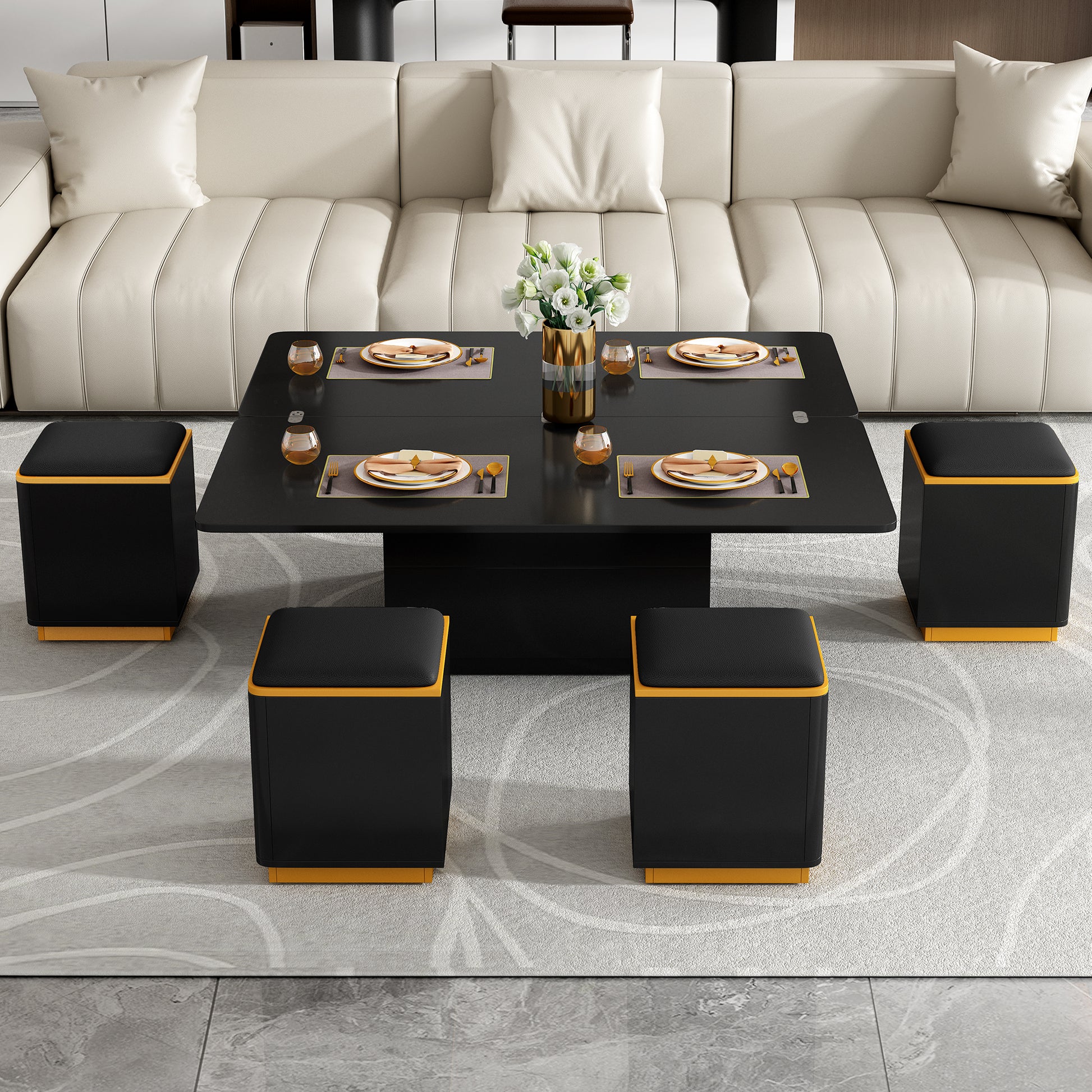 [Video Provided]VIBE HAUS Lift-Top Coffee Table with Storage Stools, Modern Center Table with Foldable Top, Multi-Functional Adjustable Coffee Table for Living Room(OLD SKU:N724P292506B) image 2