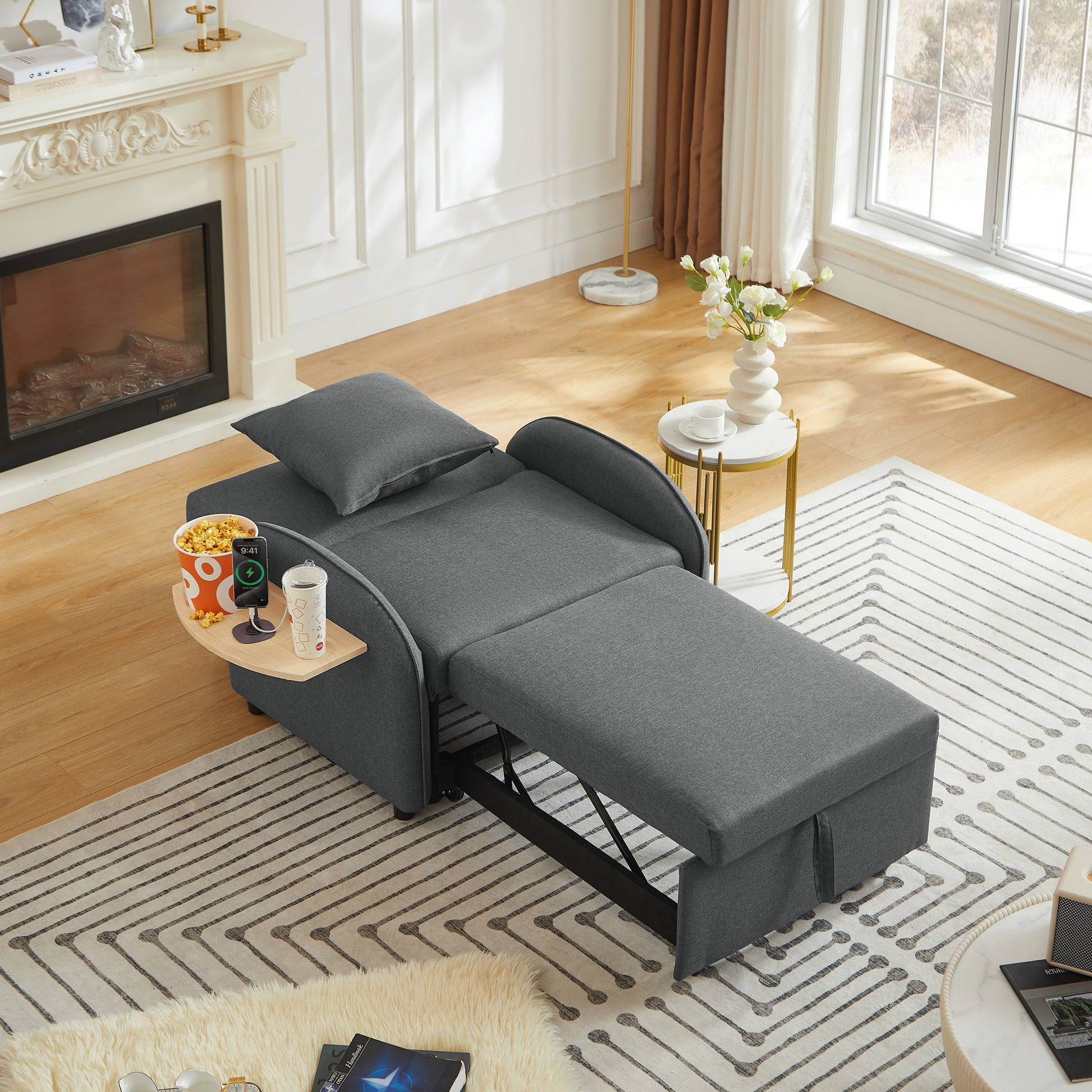 Sleeper Sofa Chair Bed, 3 In 1 Convertible Sofa Chair With Adjustable Backrest & Foldable Table & USB, Type-C, Adjustable Recliner, Armchair For Living Room Bedroom Apartment Small Space,Darkgray image 10