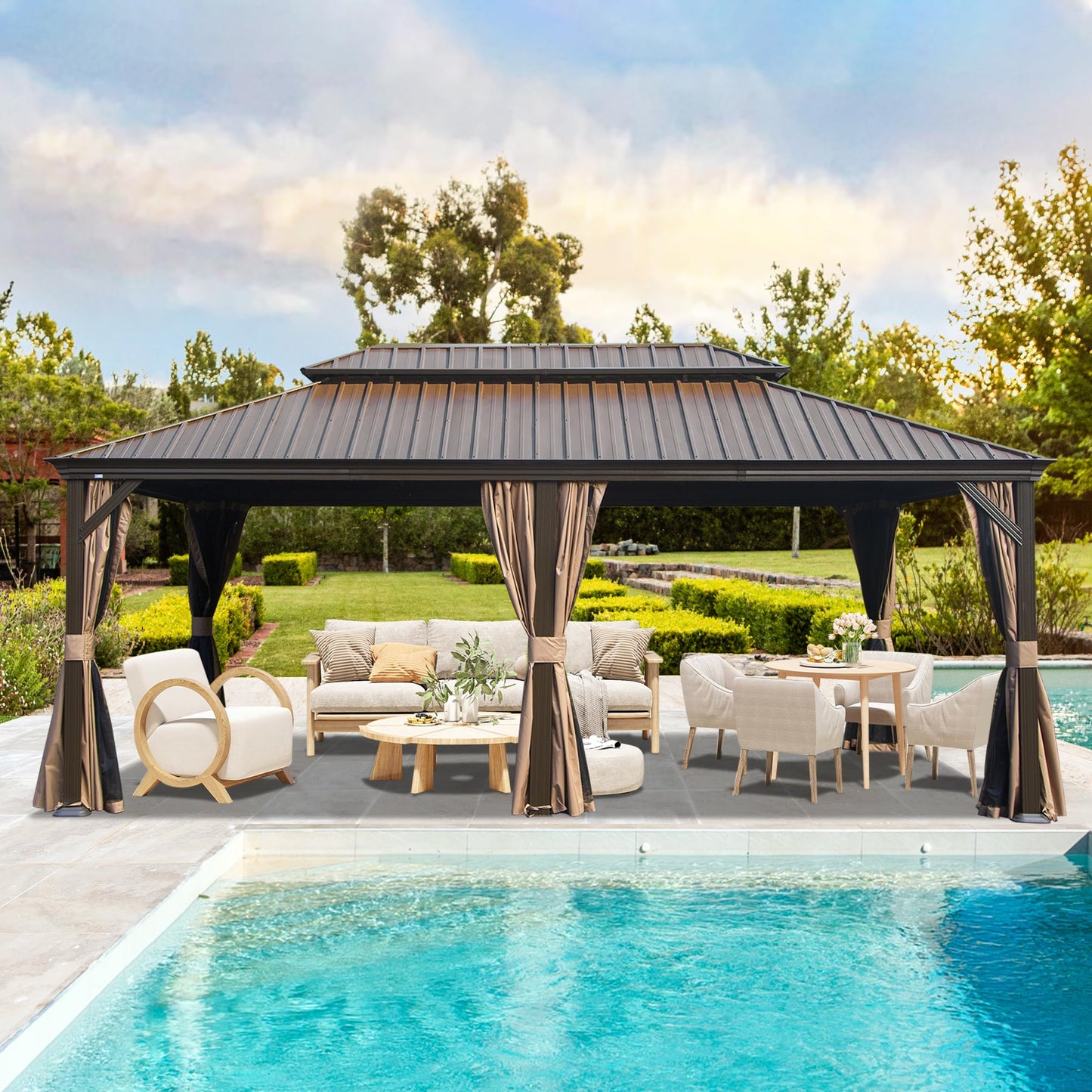 14' X 22' Hardtop Gazebo, Upgraded Metal Gazebo with Drainage System, Dual-Layer Galvanized Steel Roof, Curtain and Netting, Outdoor Shelter Canopy for Patio, Garden, and Backyard, Brown image 1