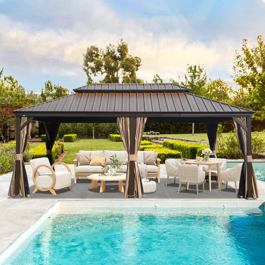 14' X 22' Hardtop Gazebo, Upgraded Metal Gazebo with Drainage System, Dual-Layer Galvanized Steel Roof, Curtain and Netting, Outdoor Shelter Canopy for Patio, Garden, and Backyard, Brown image 1