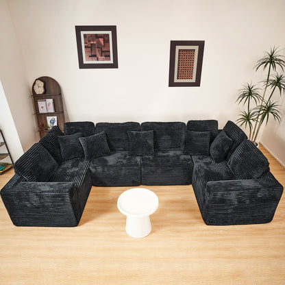 135.5-inch Modular U-Shaped Sectional Sofa, 6-Seater Chaise Lounge with Reversible Design, Striped Corduroy Fabric in Black–Customizable Living Room, Freely Configurable Layout.(Old Sku:W3276S00018) image 1