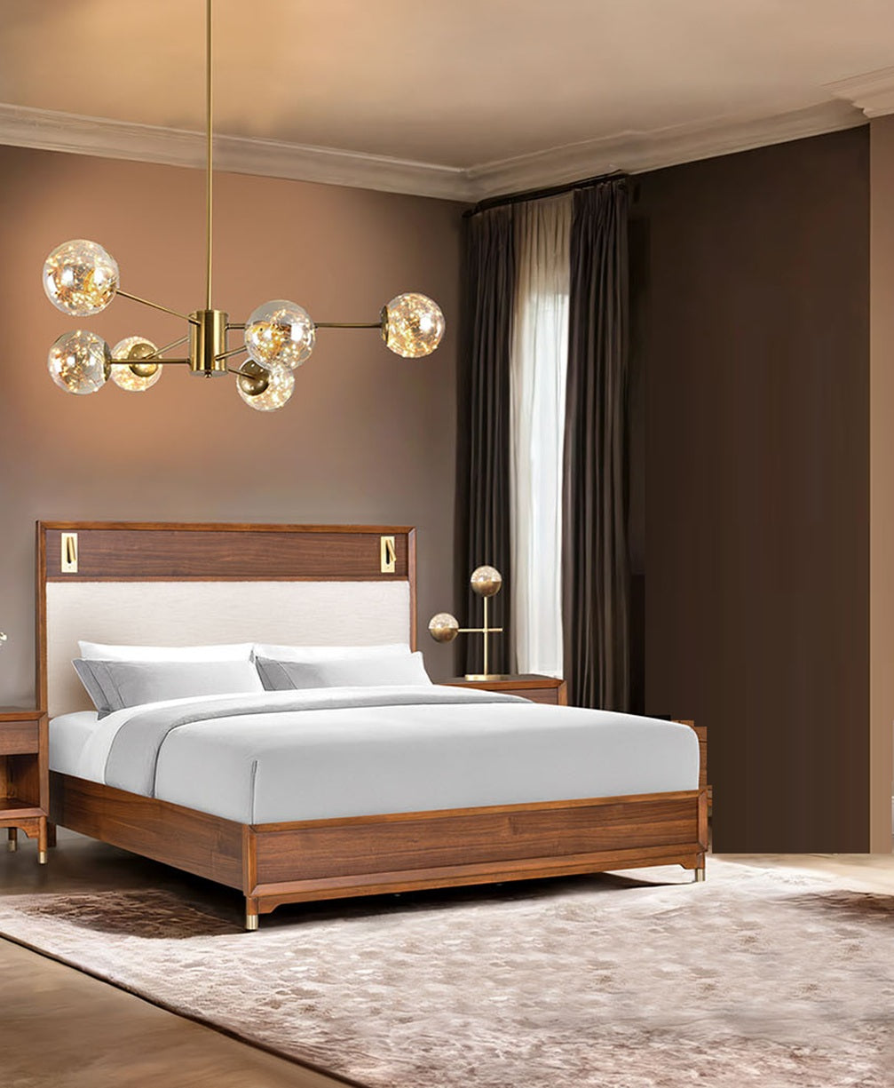 Mid-Century Modern Beautiful 1pc Queen Size Bed Walnut Solid wood Upholstered HB w Reading Light Bedroom Furniture image 1