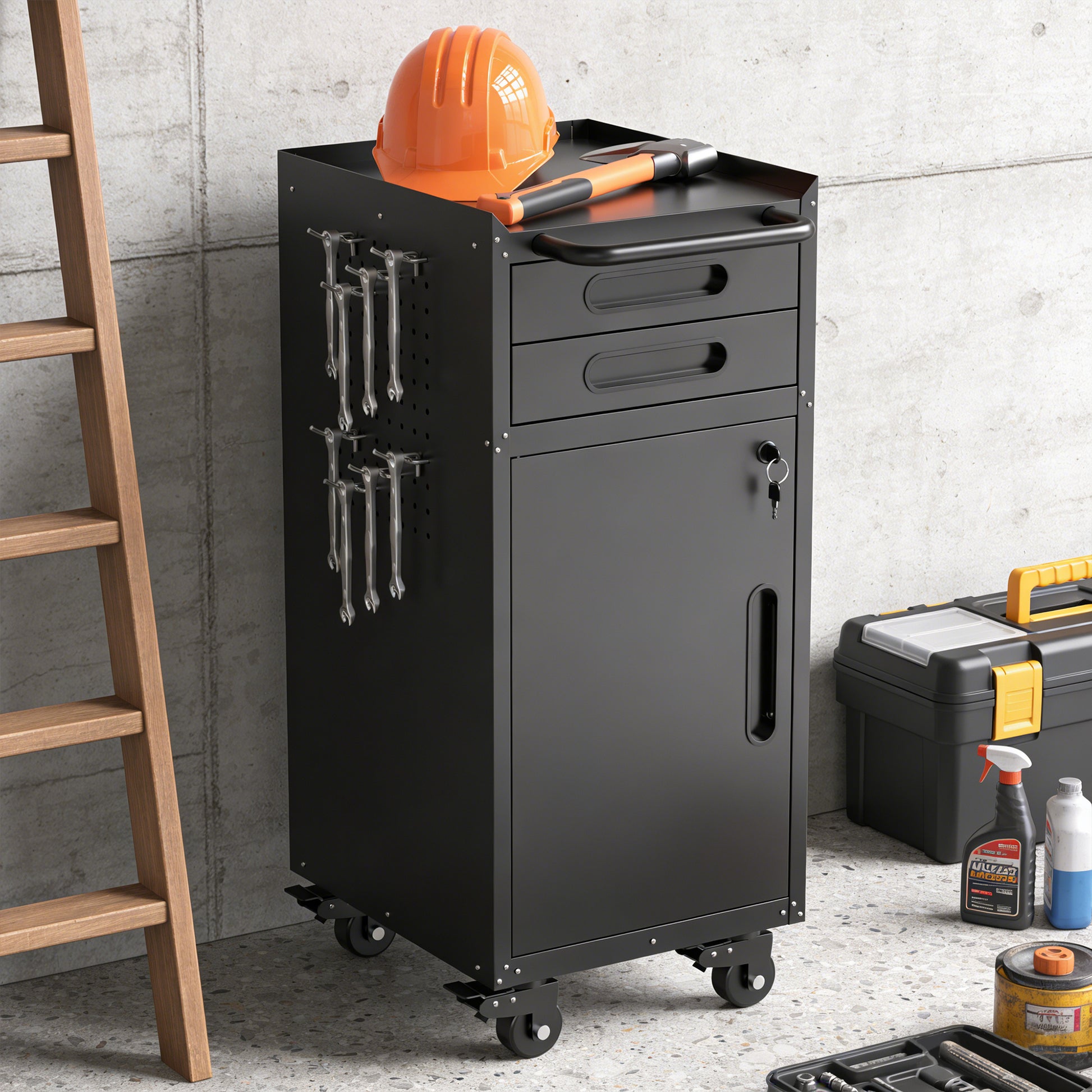 34.3" Narrow Rolling Tool Cabinet - Space-Saving Garage Storage with Lockable Door, 2 Drawers and Large Handle, Slim Metal Organizer for Tight Spaces image 1
