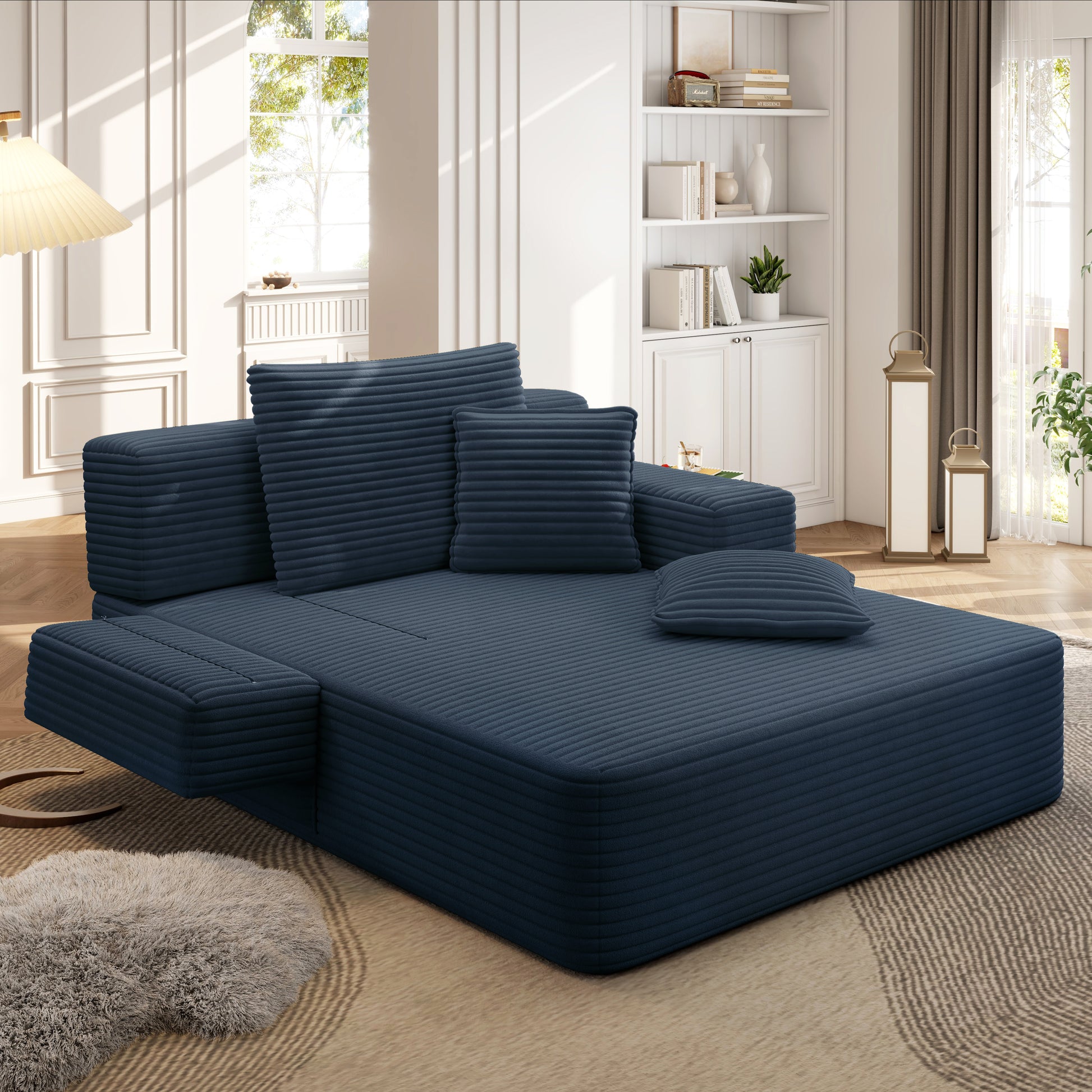 Luxurious Plush Corduroy Chaise Lounge with 3 Pillows, Convertible Sofa Bed with Storage Pocket, Frameless Design & Compression Foam for Small Spaces, Living Room, Apartment,Blue image 8