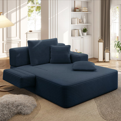 Luxurious Plush Corduroy Chaise Lounge with 3 Pillows, Convertible Sofa Bed with Storage Pocket, Frameless Design & Compression Foam for Small Spaces, Living Room, Apartment,Blue image 8