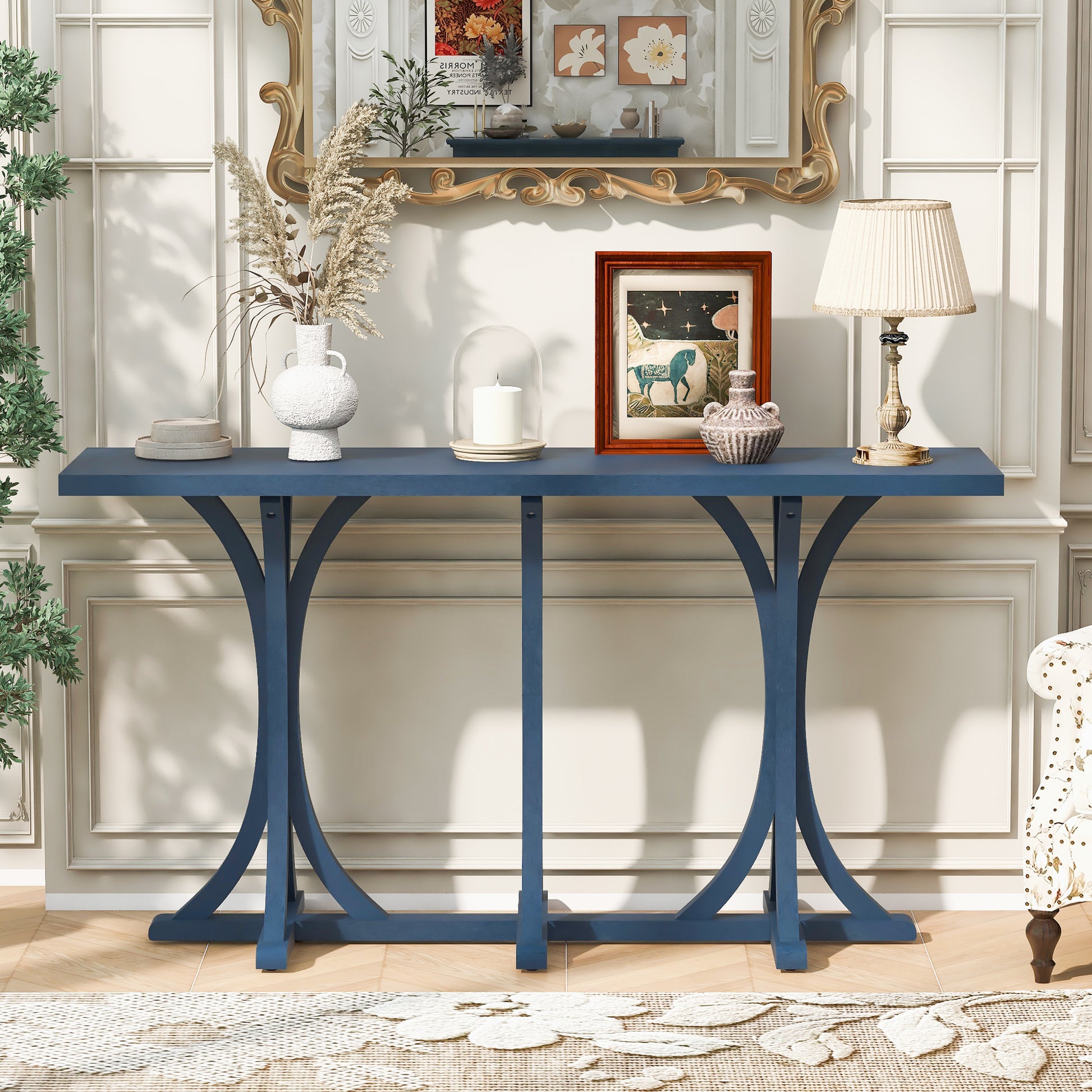 U-Style 59.8'' Wooden Console Table with Oak Veneer Top,Farmhouse Entryway Table with Rubber Wood Slender Curved Legs,Perfect for Living Room,Entryway,Hallway, Dining Spaces. image 1