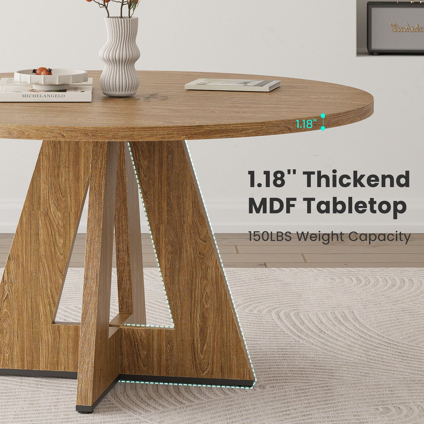 47" Round Dining Table for 4-7 People, Modern Wood Kitchen Table with Sturdy Metal Base, Large Round Dinner Table for Dining Room, Easy Assembly image 4