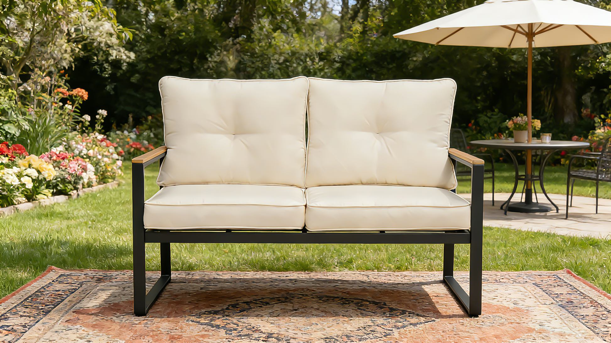 Steel Outdoor Patio Sofa, Steel Metal 3-Seat Couch with Thick Cushions, Patio Conversation Sofa Couch for Deck Garden Poolside, Beige image 2
