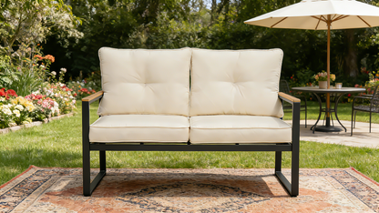 Steel Outdoor Patio Sofa, Steel Metal 3-Seat Couch with Thick Cushions, Patio Conversation Sofa Couch for Deck Garden Poolside, Beige image 2