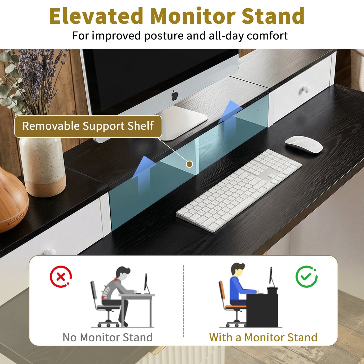 59" Modern Fluted L-Shaped Desk with Charging Station & Storage Cabinet - Home Office Computer Desk with Monitor Stand, File Drawer and Removable Support Shelf for Study, Home Office, White image 10