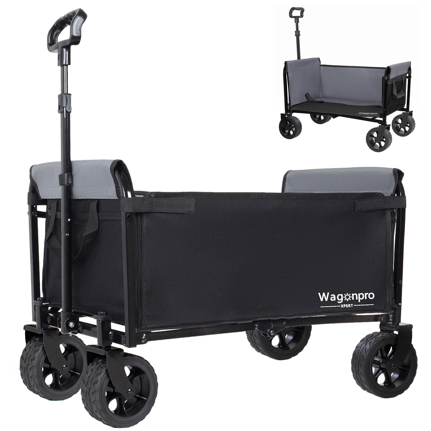 Upgraded 5*2" Wide Wheels, All-in-One Convertible Folding Trolley with Full-Side Opening & Dog Leash, Versatile Seating & Storage, 220Lbs Capacity for Camping, Beach, Shopping, Black image 1