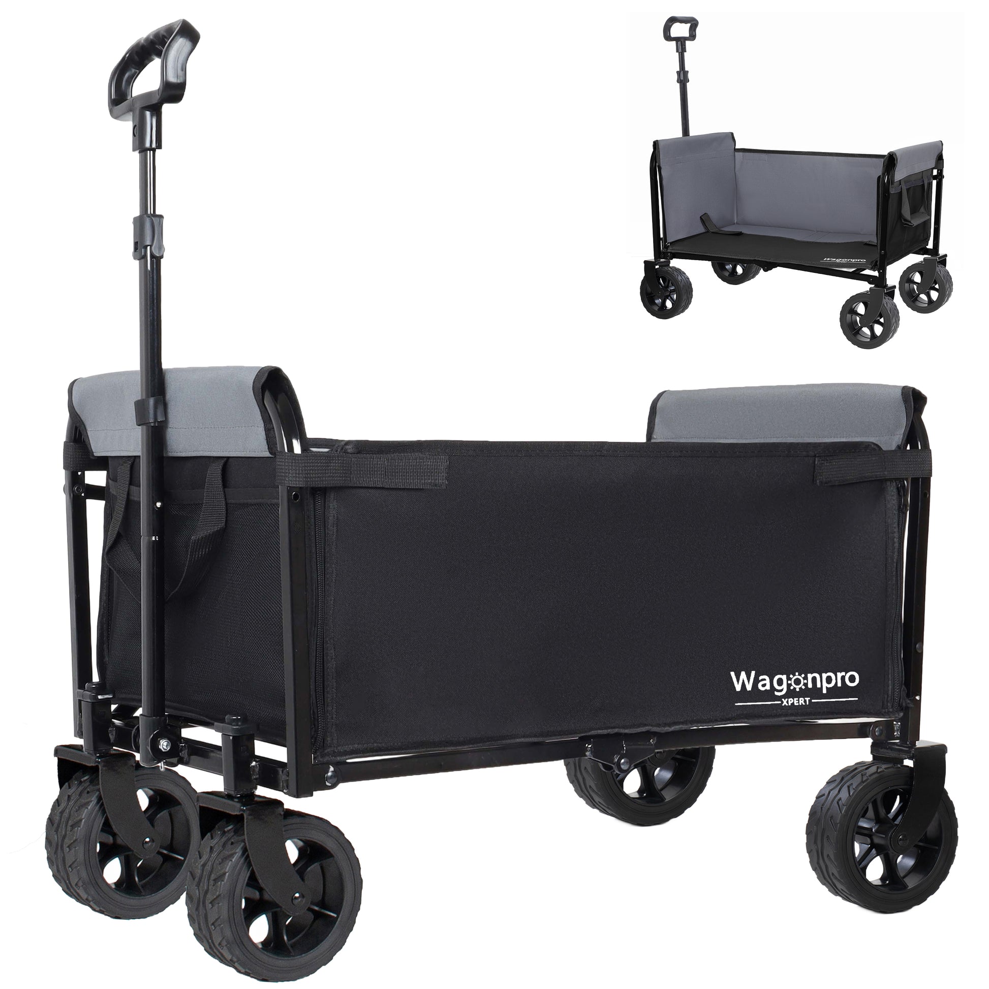 Upgraded 5*2" Wide Wheels, All-in-One Convertible Folding Trolley with Full-Side Opening & Dog Leash, Versatile Seating & Storage, 220Lbs Capacity for Camping, Beach, Shopping, Black image 1
