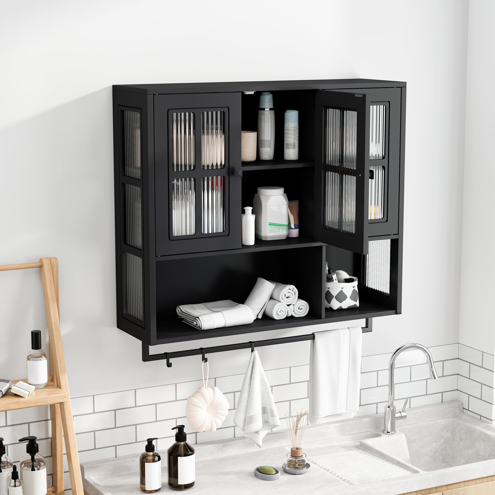 Bathroom Wall Cabinet, 3-Door Wooden Wall Cabinet with Open and Hidden Storage Space, Medicine Cabinet with Glass Door and Towel Bar for Entryway Living Room Bathroom Dining Room,Black image 3