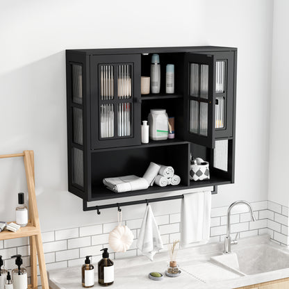 Bathroom Wall Cabinet, 3-Door Wooden Wall Cabinet with Open and Hidden Storage Space, Medicine Cabinet with Glass Door and Towel Bar for Entryway Living Room Bathroom Dining Room,Black image 3