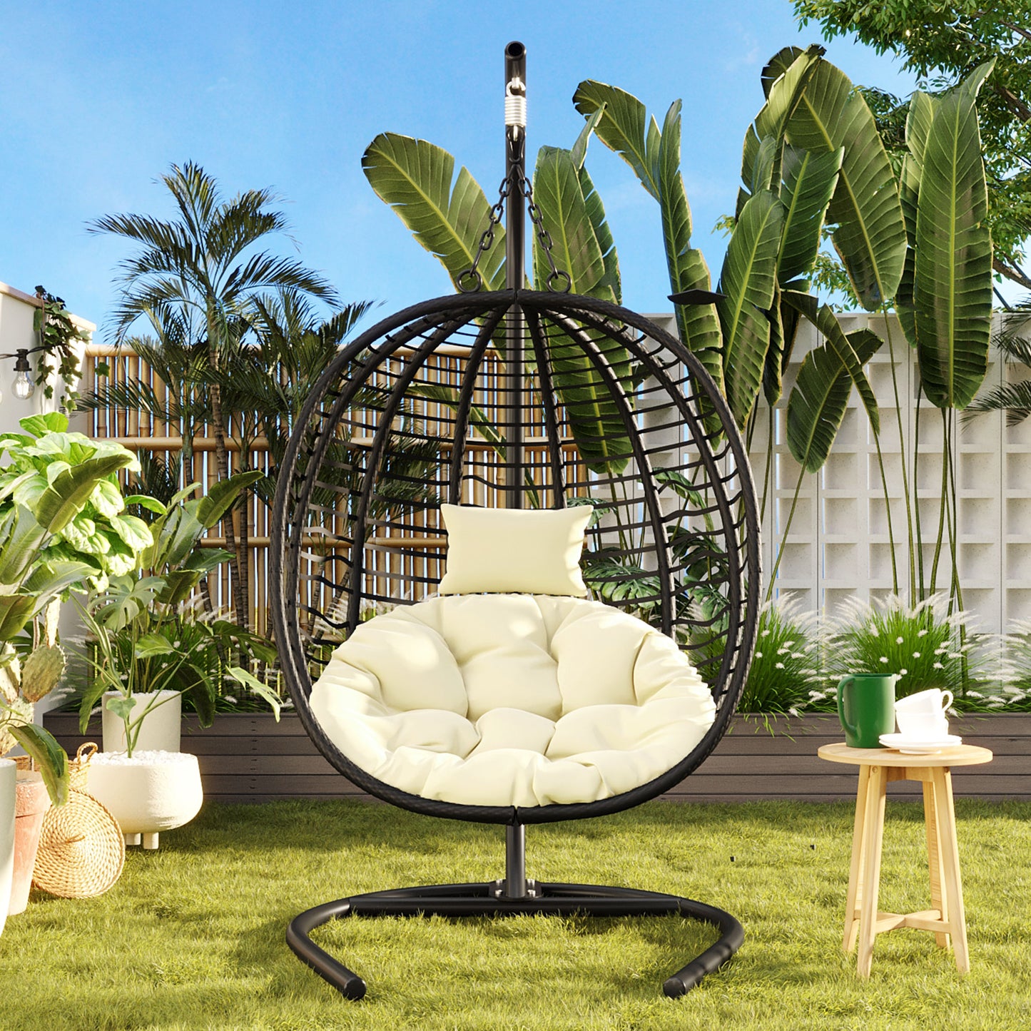 U_Style Single Person Folding Egg Chair with Stand, Hanging Egg Chair Indoor Outdoor, Wicker Hammock Swing Chair with Adjustable Anti-Slip Feet,Suitable for Balcony, Bedroom,Garden image 2