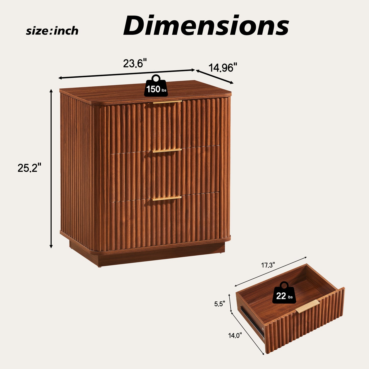 3 Drawers Nightstand Set of 2, 23.6'' Wide Modern Chest of Drawers Curved wave Design, Nightstand, Wood Drawer Organizer for Bedroom, Living Room, Hallway, Walnut,23.6''W x 15''D x 25.2''H. image 5