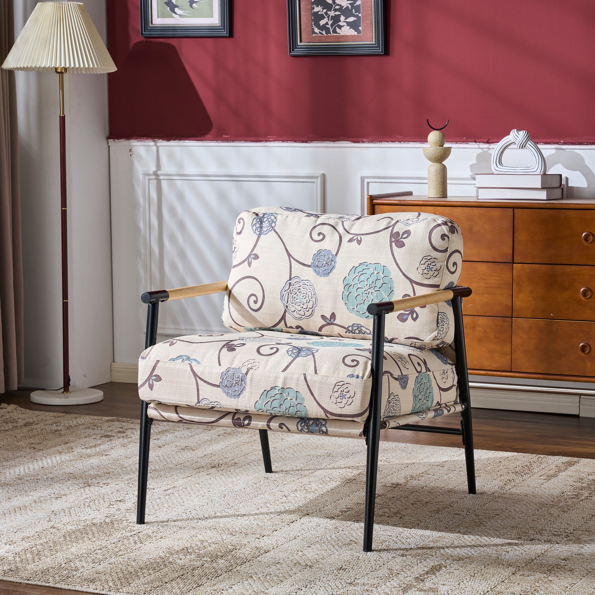 27.56" Modern Accent Chair with Plush Cushions, Minimalist Metal Frame, and Wooden Armrest Design – Perfect for Cozy Living Room, Bedroom, or Office Seating image 1