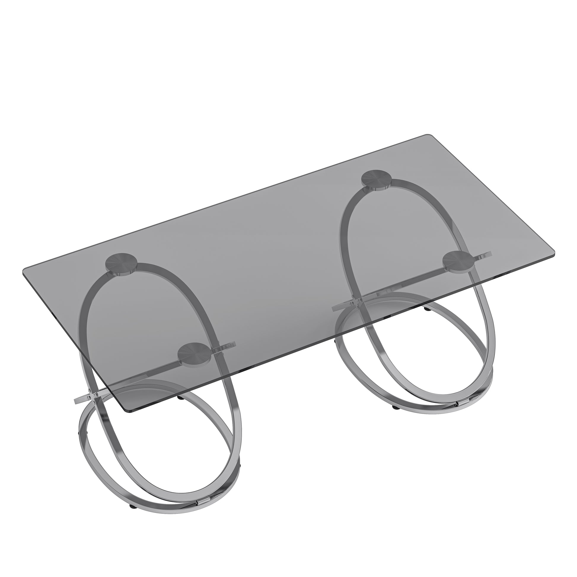31.50'' Modern Rectangle Glass Coffee Table with Ring-Shaped Frames, Chrome Finish and Gray Tempered Glass, Luxury Center Table for Living Room, Bedroom and Office, Silver image 7