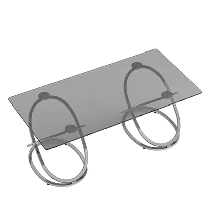 31.50'' Modern Rectangle Glass Coffee Table with Ring-Shaped Frames, Chrome Finish and Gray Tempered Glass, Luxury Center Table for Living Room, Bedroom and Office, Silver image 7