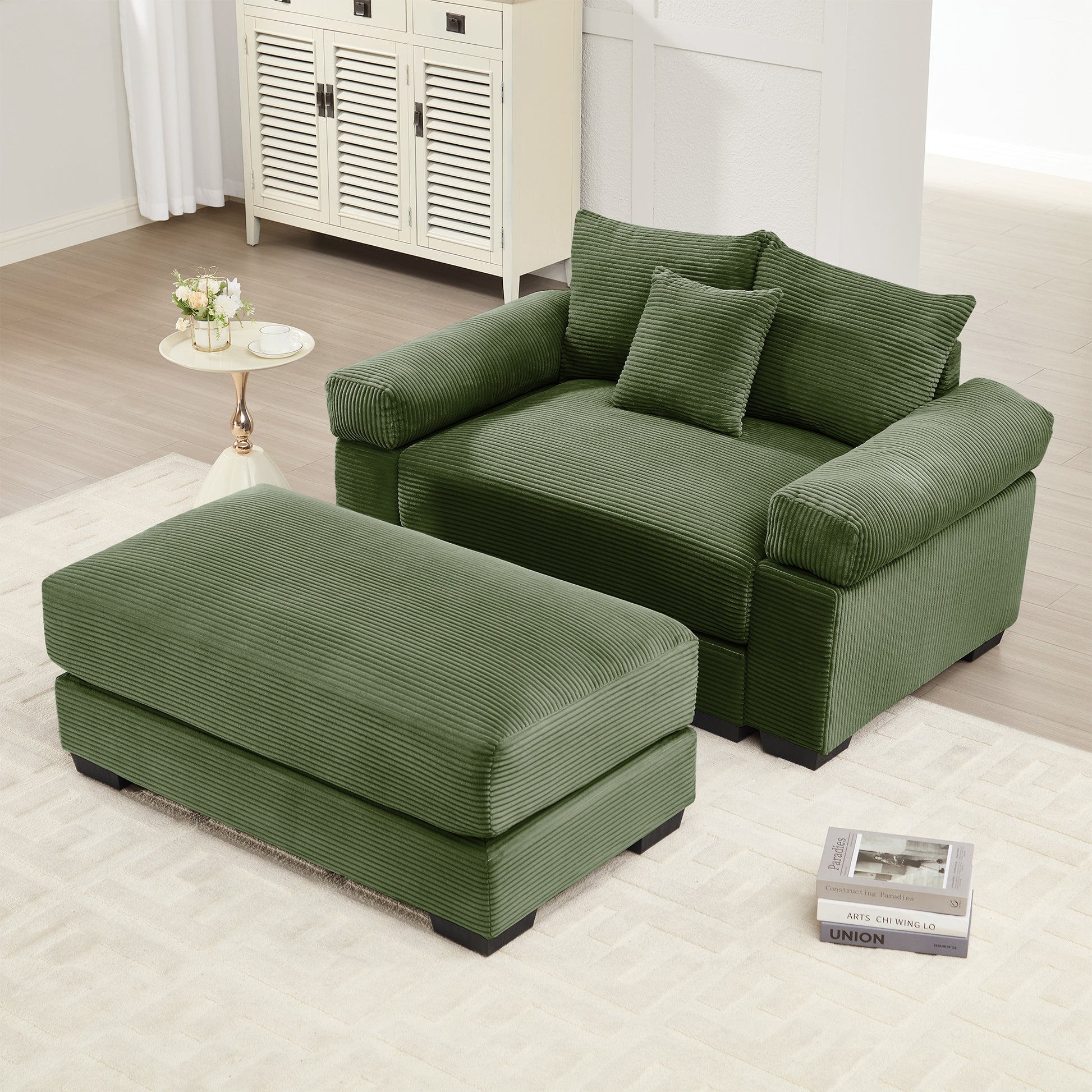 54.3" Oversized Cloud Modular Sectional Couch, Corduroy Fabric Extra-Thick Armrests, Throw Pillows Ottoman, Ergonomic Design,Easy Assembly Fits Living Rooms Bedrooms,Green image 1