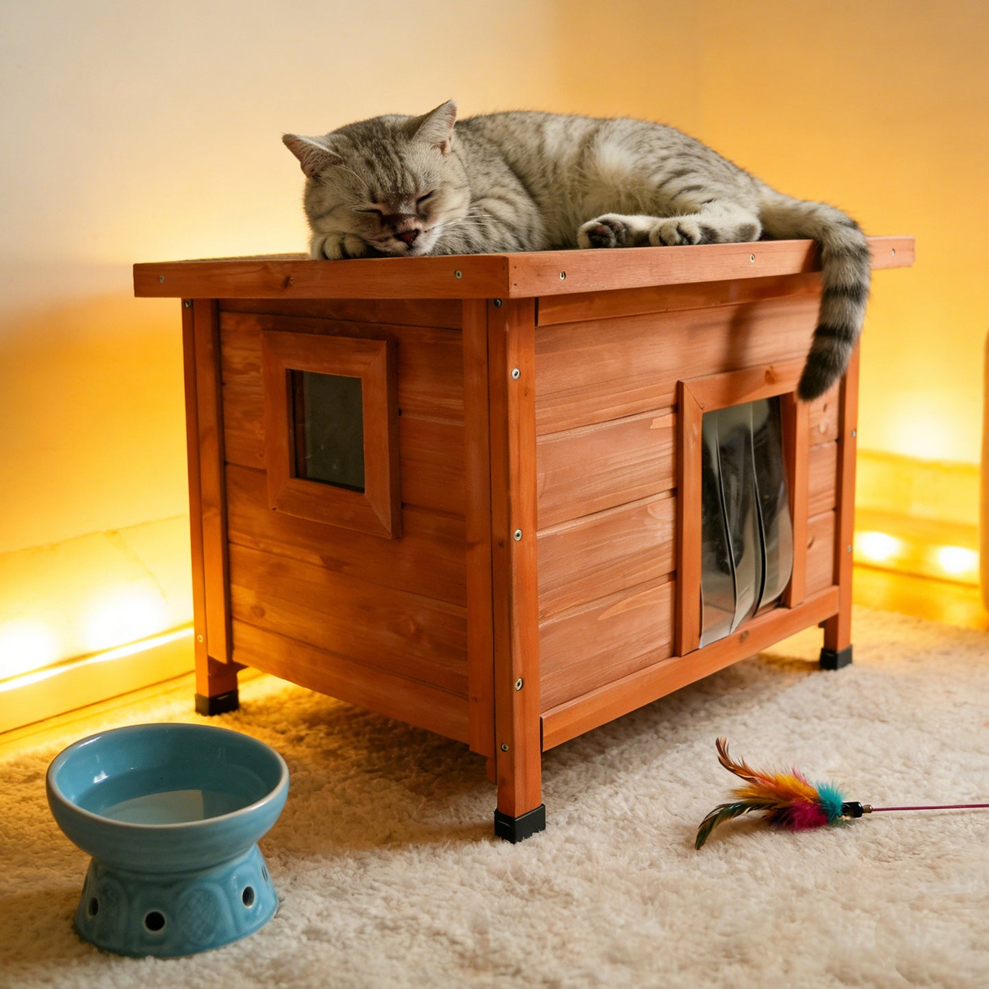 Cat House Waterproof Feral Kitty Shelter Outdoor Indoor Rabbit Hutch for Bunnies,Cats,Dogs and Other Small Animals,Asphalt Roof image 7