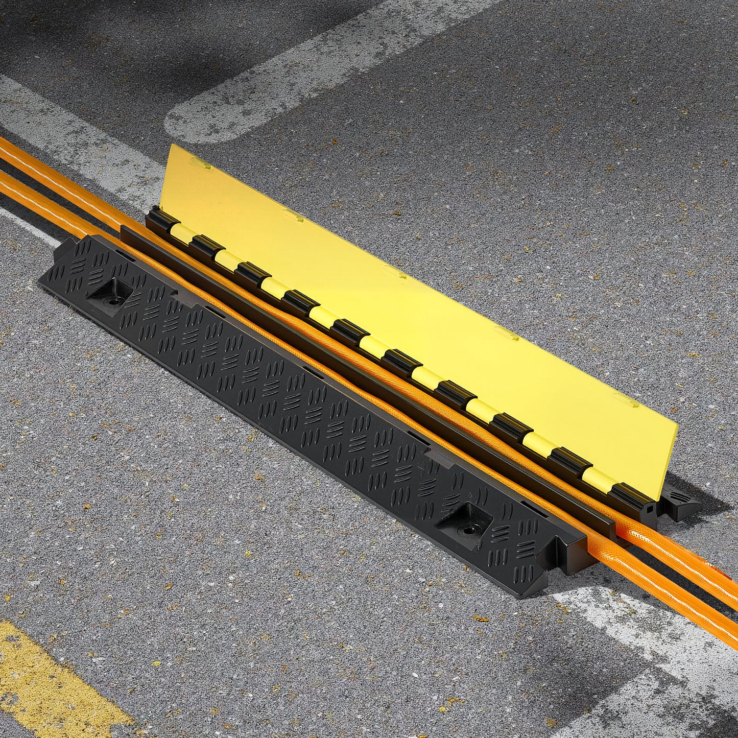 Cable Protector Ramp, 22,000 lbs/axle Capacity, 2 Channel Heavy Duty TPU Cord Hose Wire Cover, 1.2 x 1.1 in Channel, Traffic Speed Bump with Flip-Open Top Cover, for Indoor Outdoor Use, 3 Pack image 5