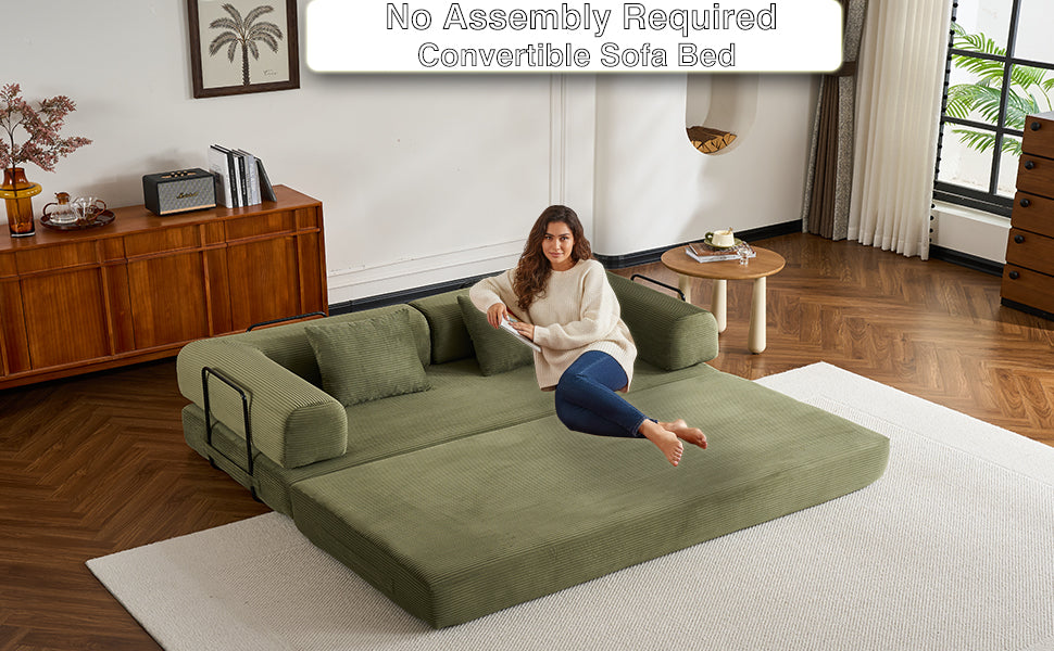 Convertible Sleeper Sofa Bed with Cylindrical Pillow, Corduroy Folding Mattress Couch with Fixed-Shape Frame, Floor Sofa Lounge Couch for Living Room Bedroom (Green) image 10