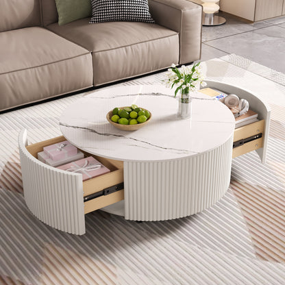 Modern Round Movable Coffee Table with Casters, 2 Drawers, Marble Pattern Sintered Stone Top, White, 29.5" image 1