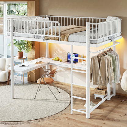Queen Loft Bed with L-Shaped Desk,LED Light Strip and Charge Station, Metal Loft Bed with Computer Mainframe Tray and Hanging Area, Special Round Pipe Design, White image 5