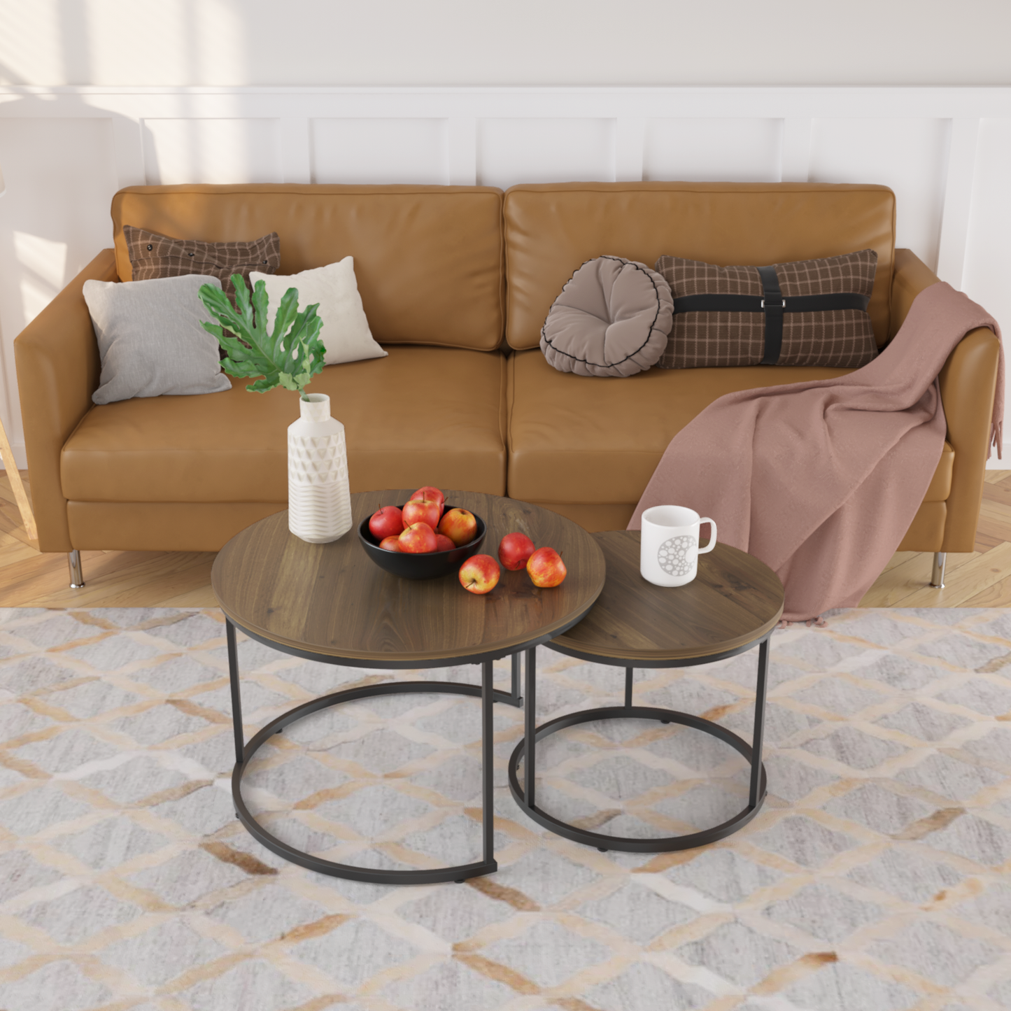 27.6" Nesting Coffee Table Set of 2, Round Coffee Table Wood Marble Pattern Top with Sturdy Metal Frame, End Table Side Tables for Living Room Bedroom Balcony Yard (Brown) image 12