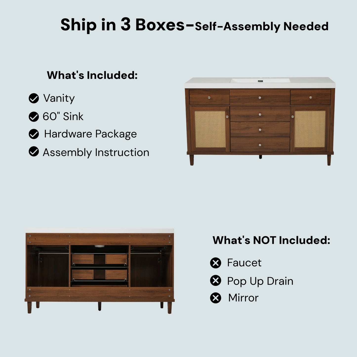 60" Bathroom Vanity with SMC Sink, Modern Large Storage Bathroom Storage Cabinet with Soft Close Drawers and Rattan Doors, Silver Metal Knobs and 5 Pine Legs, Brown image 10