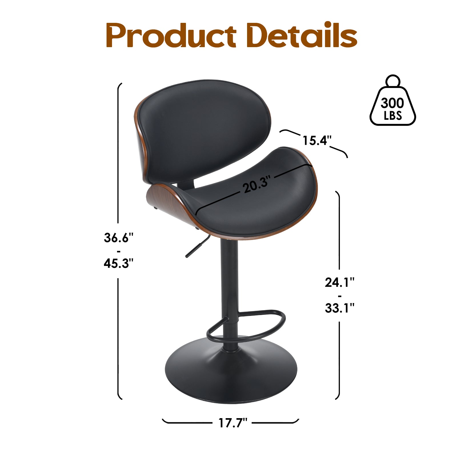 Swivel Bar Stools Set of 2 Adjustable Height Bentwood Barstools with PU Leather Upholstered Seat, Backrest and Footrest,Modern Kitchen Counter Chairs for Bar, Dining Room image 8