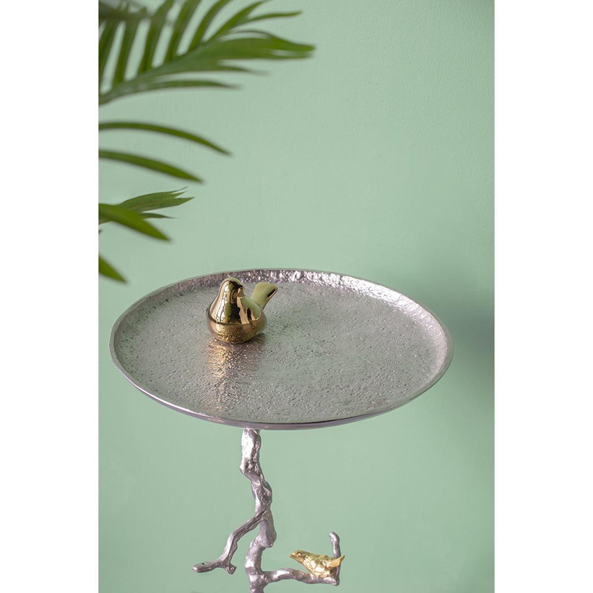 16.9x16.9x28" Round Aluminum Side Table with Silver Branch Design and Gold Bird Accents image 5