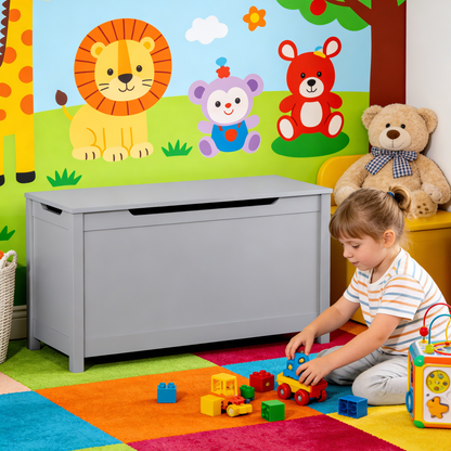 Kids Wooden Toy Box Storage with Safety Hinged Lid for Ages 2+ (Gray) image 11