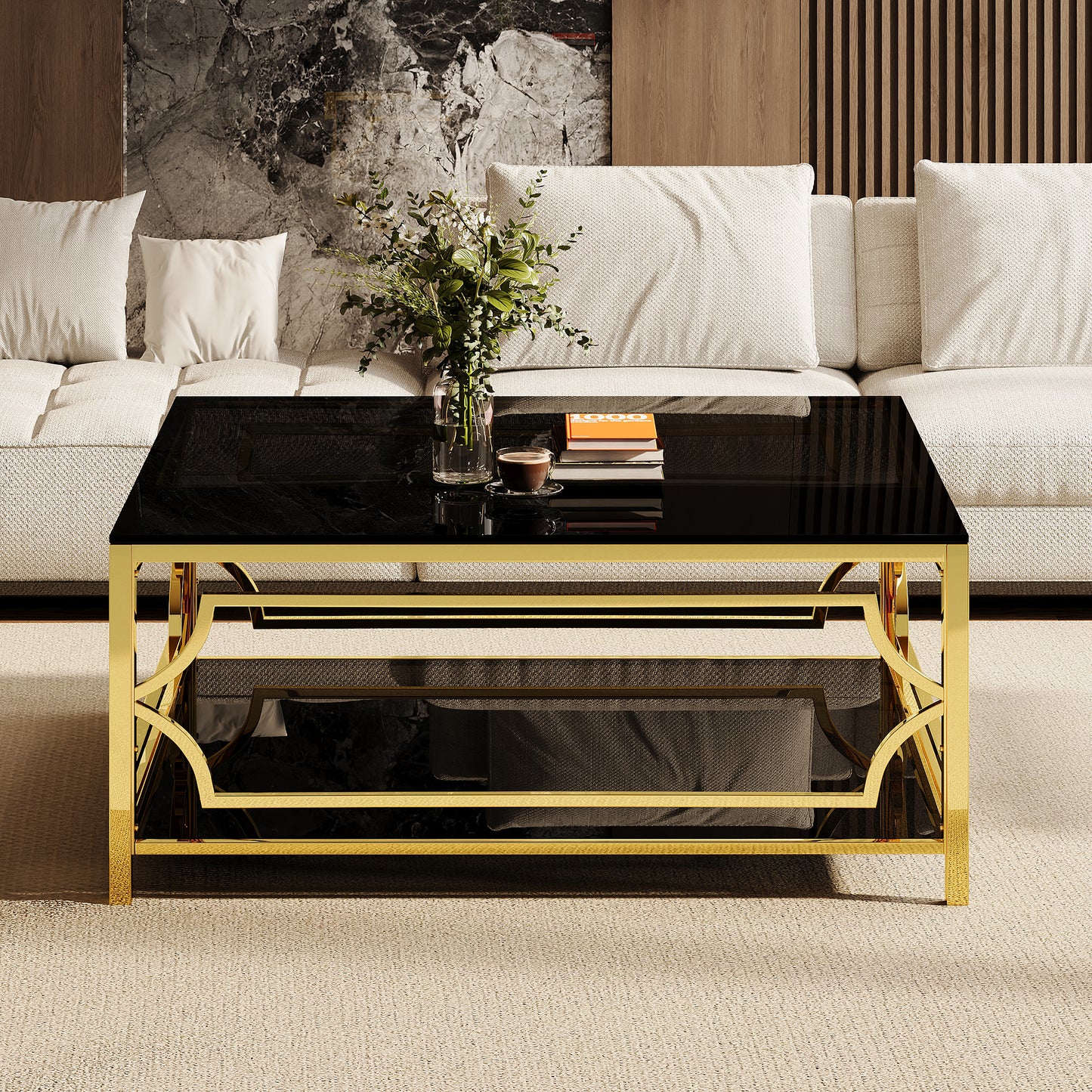 Square Glass Coffee Table in 33.5",Luxurious Geometric Metal Frame,Gold Finish & Lower Shelf image 2