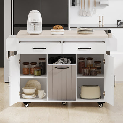 K&K Kitchen Island with Trash Can Storage Cabinet, Kitchen Cart with Drop Leaf, Spice Rack, Towel Rack and Drawer, Rolling Kitchen Island on Wheels with Adjustable Shelf, White image 8