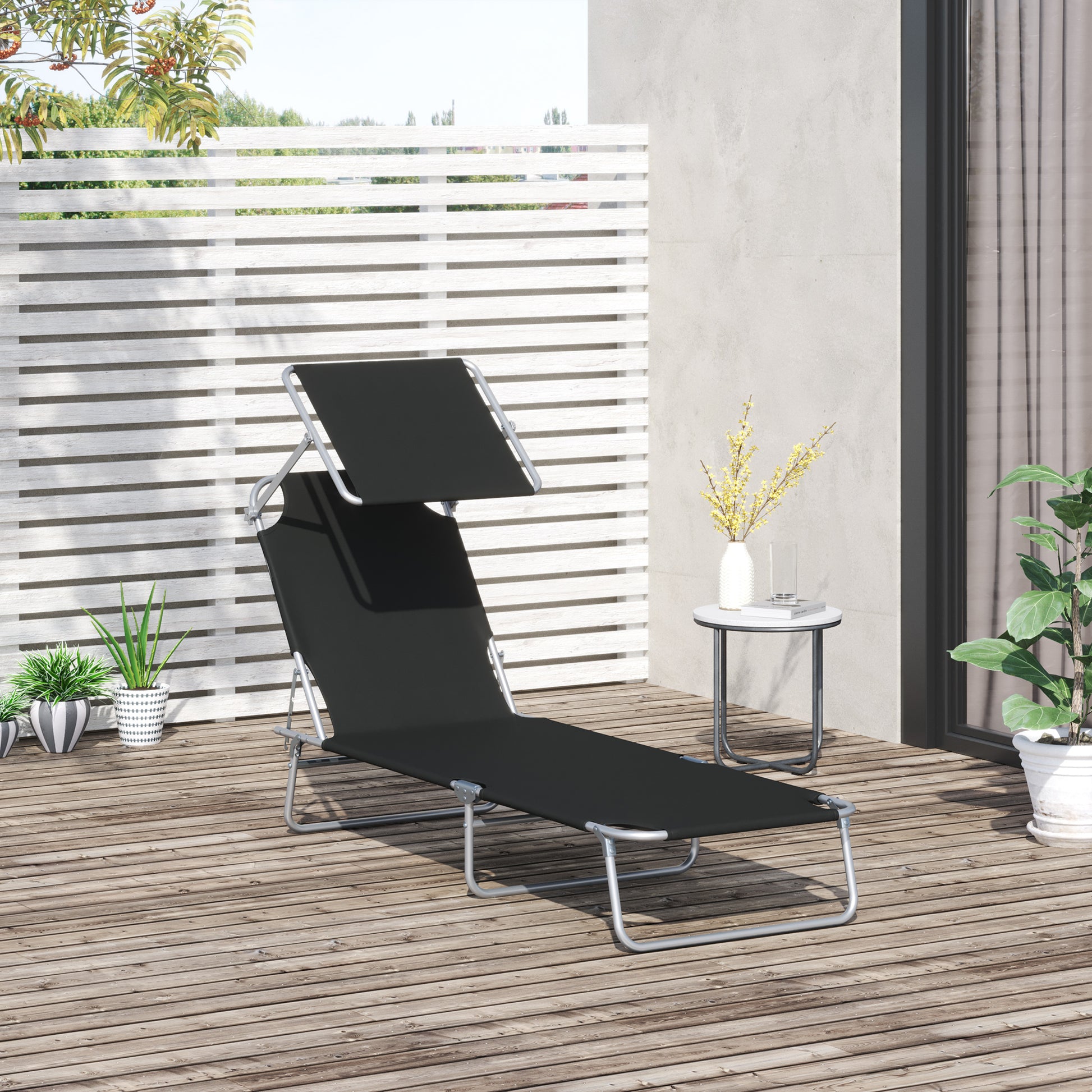Outsunny Outdoor Lounge Chair, Adjustable Folding Chaise Lounge, Tanning Chair with Sun Shade for Beach, Camping, Hiking, Backyard, Black image 2