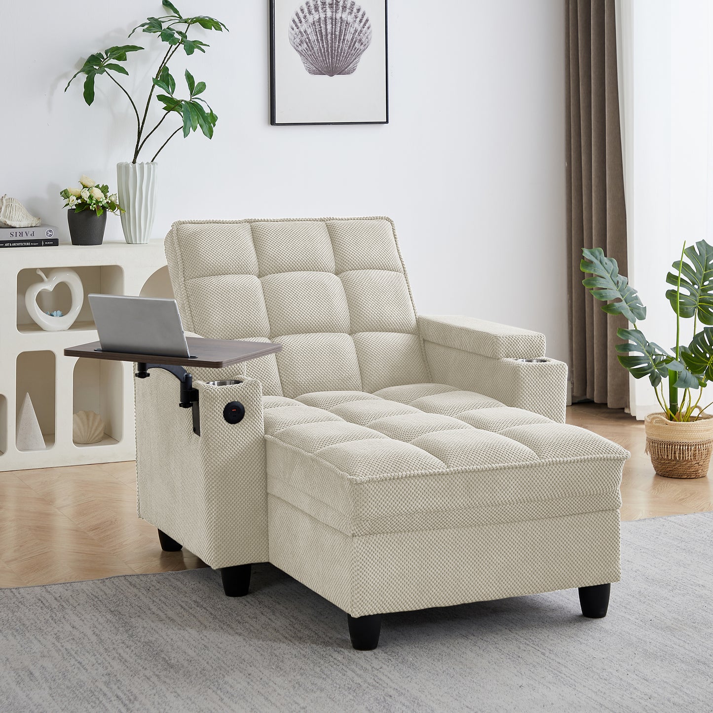 Beige Chaise Lounge Sofa,Sleeper Chair Bed with 6-Position Adjustable Backrest,USB Ports, Cup Holder and Swivel Side Table image 1