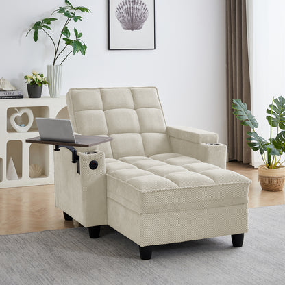 Beige Chaise Lounge Sofa,Sleeper Chair Bed with 6-Position Adjustable Backrest,USB Ports, Cup Holder and Swivel Side Table image 1