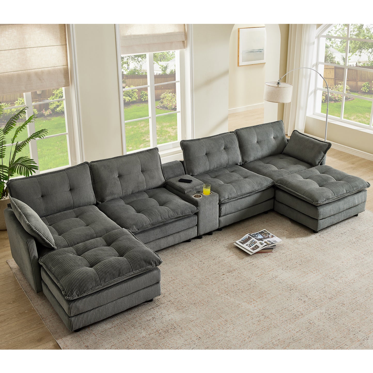 154" Sectional Cloud Sofa Couch with Ottomans, Modular U Shaped Couches for Living Room, Comfy Corduroy Oversized Sectional Modern 6 Seat Deep Seat Sofa Set with Central Console USB Port, Grey image 2