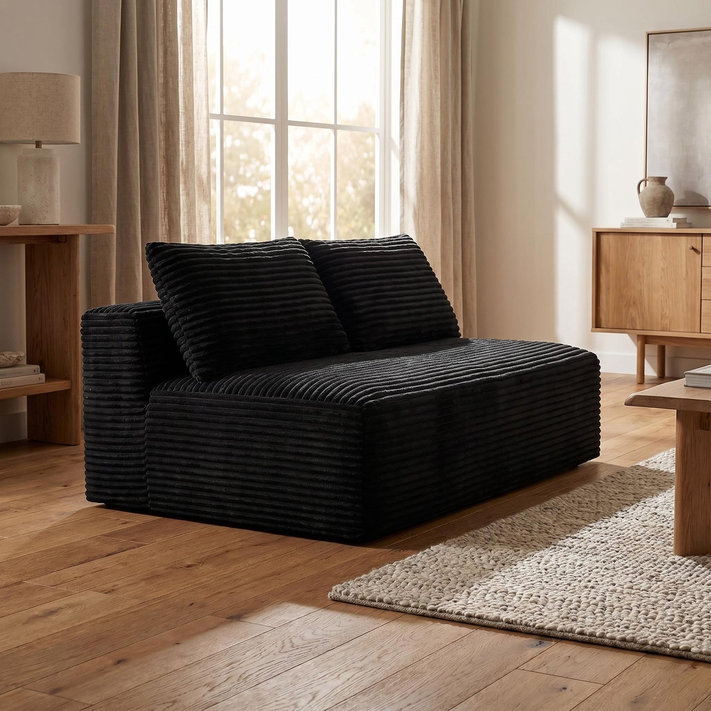 Black Corduroy Ground-Hugging Compressed Loveseat, Armless No-Legs 2-Seater Sofa for Living Room Small Apartment image 3