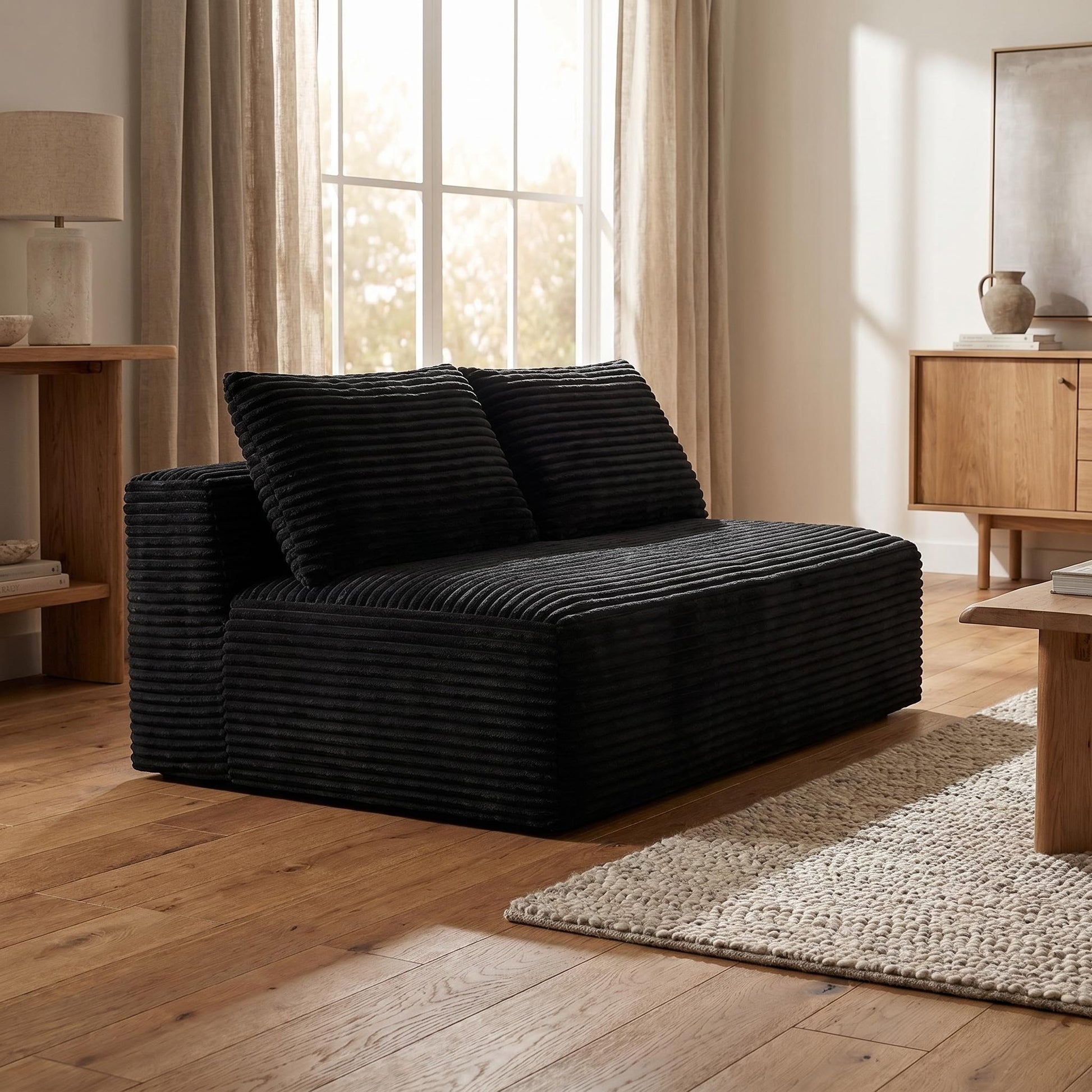 Black Corduroy Ground-Hugging Compressed Loveseat, Armless No-Legs 2-Seater Sofa for Living Room Small Apartment image 3