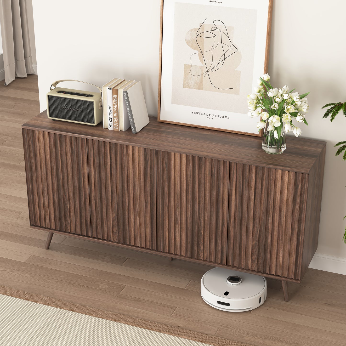 Sideboard Buffet Cabinet with Storage, Long Sideboard Storage Cabinet with 4 Doors, Wood Credenza Console Coffee Bar Cabinets with Adjustable Shelves for Living Room Kitchen Dining Room Walnut image 9
