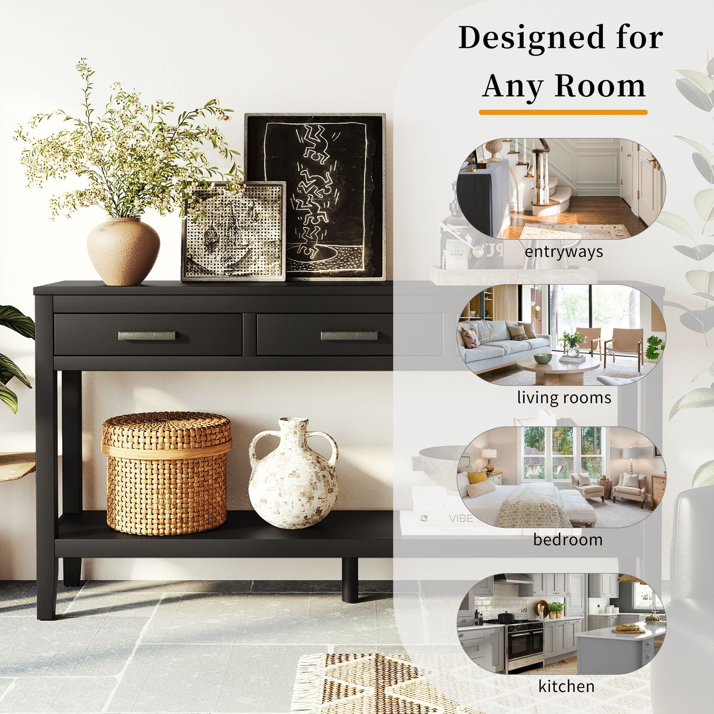 U_STYLE 59.1'' Farmhouse Entryway Table with 3 Drawers, Painted Console Table with Bottom Shelf & Iron Handles, Minimalist Sofa Table for Living Room, Hallway, Kitchen, Bedroom, Office image 8